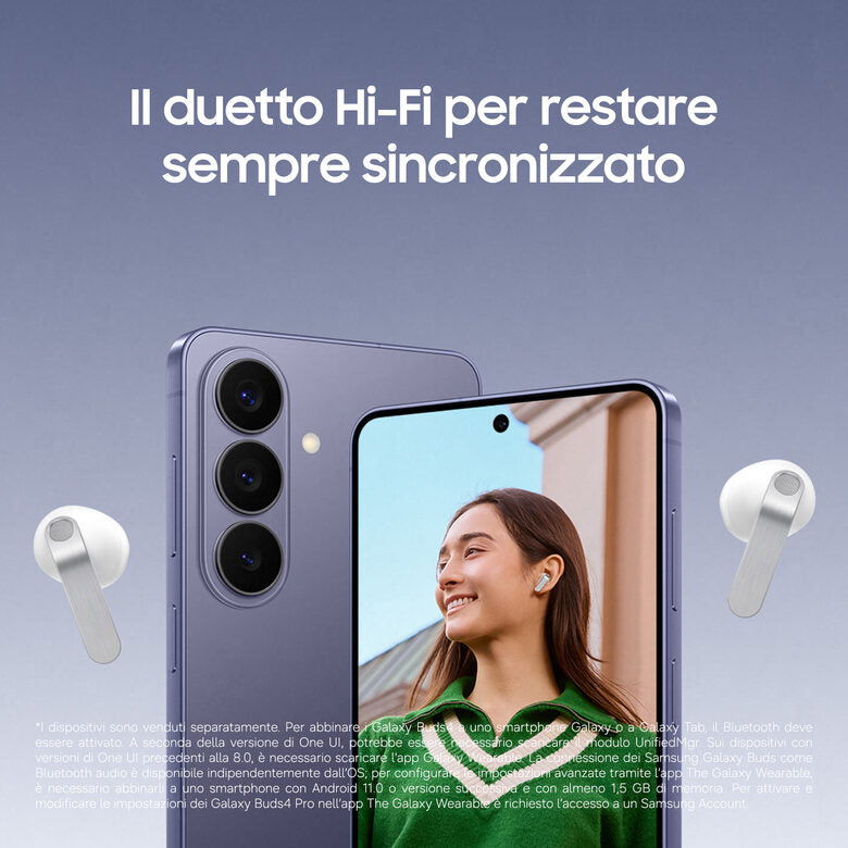 Samsung Galaxy Buds4, White, Corpo in metallo, Altoparlante a 1 via, equalizzatore adattivo, Chiamate cristalline, Audio a 360°, ANC, Controllo adattivo del rumore Connessione senza interruz