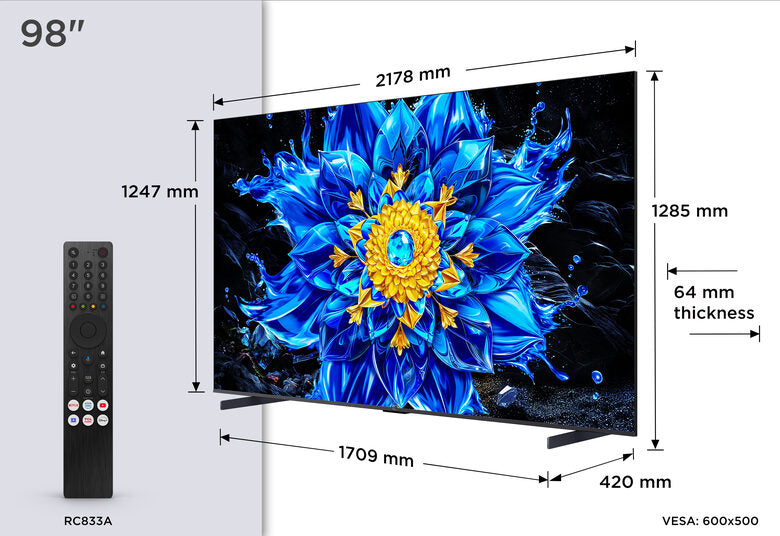TCL P8L TV 98P8L – QD-Mini LED 98", 4K HDR, Google TV, 144Hz VRR, Audio Onkyo 2.1