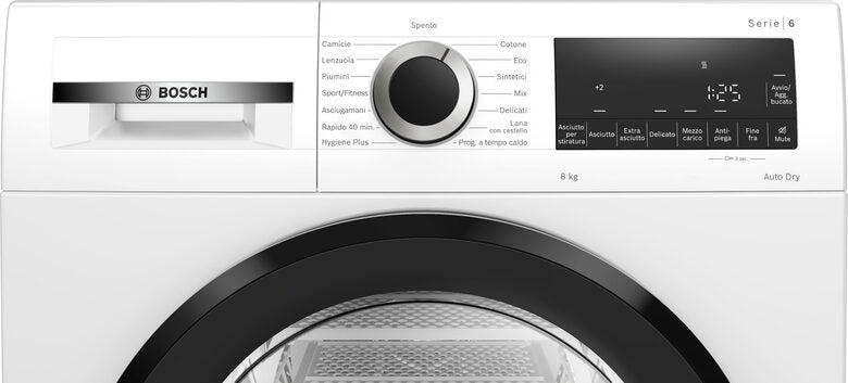 Bosch WQG233d1II Serie 6 Asciugatrice A Libera Installazione 8 Kg, Pompa Di Calore, Auto Dry, Filtro Easy Clean, Classe C, Bianco