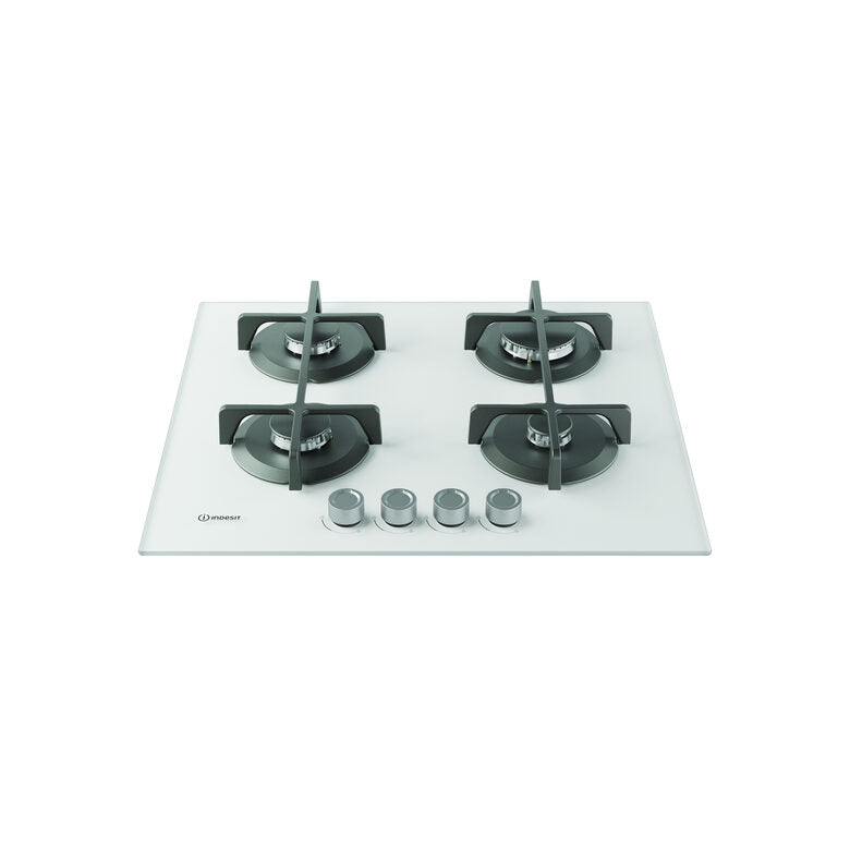 Indesit ING 61T/WH 1 Piano Gas Vetro Bianco, 60 Cm, 4 Fuochi, Griglie In Ghisa Lavabili In Lavastoviglie