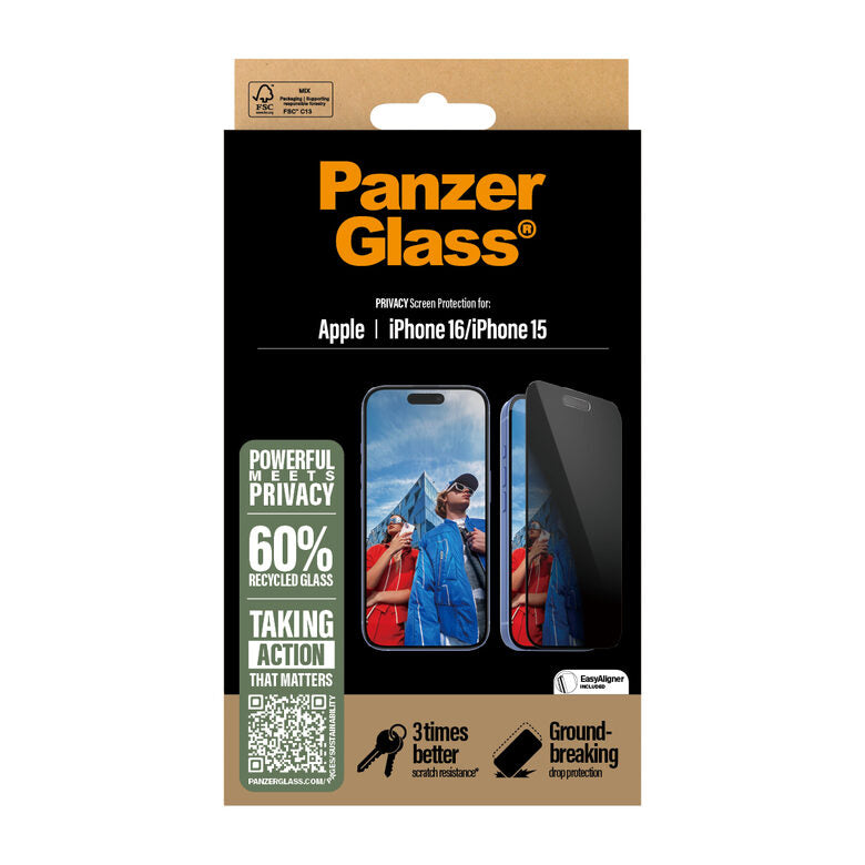 PanzerGlass Privacy Pellicola in Vetro Temperato iPhone 16 | 15 | Ultra-Wide Fit