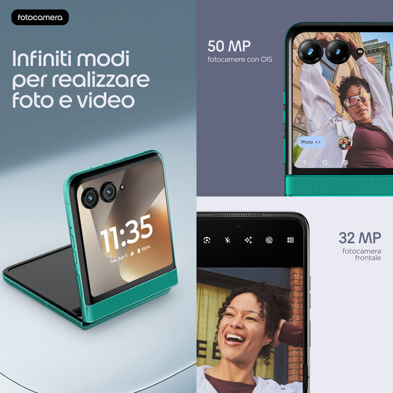 Motorola razr 70 (8/256GB, Doppia camera 50MP, Display interno FHD+ 6.9" 120Hz e esterno 3.62", MediaTek Dimensity 7450X, 4800mAh, TurboPower 30W, Android 16), PANTONE Sporting Green