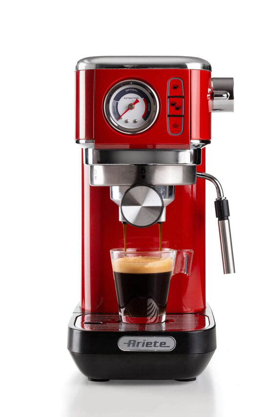 Ariete 1381 Macchina da caffè con manometro, compatibile con caffè in polvere e cialde ESE, 1300 W, Capacità 1,1 L, 15 bar di pressione, Filtro 1 o 2 tazze, Dispositivo Cappuccino Rosso