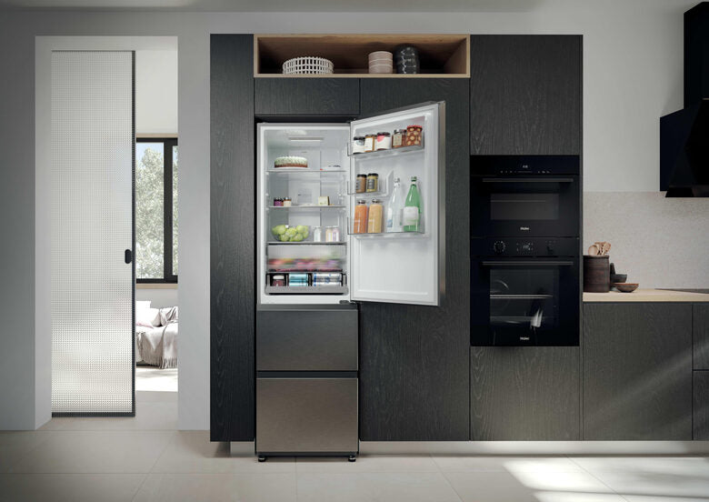 Haier HTR3518ENMX Frigorifero Combinato A Libera Installazione, No Frost, Tecnologia Haier Air Surround, Cassetti Direct Access, Classe E, Acciaio Inox