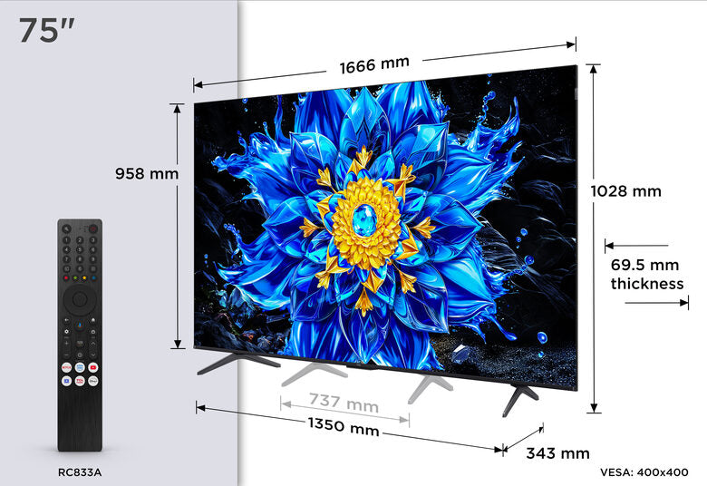 TCL P8L TV 75P8L – QD-Mini LED 75", 4K HDR, Google TV, 144Hz VRR, Audio Onkyo 2.1