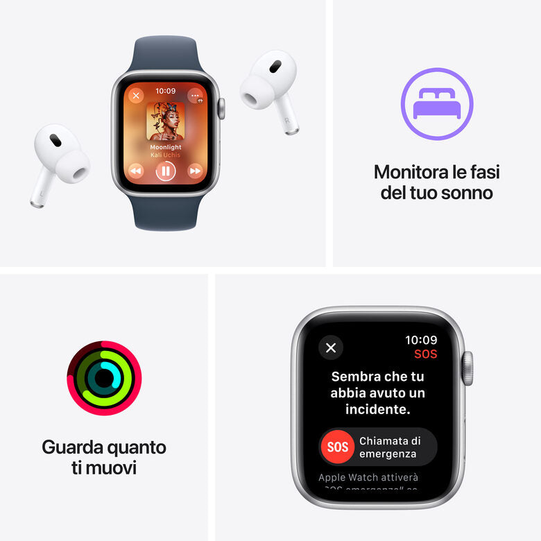 Apple Watch SE GPS Cassa 44mm in Alluminio Argento con Cinturino Sport Blu Tempesta - S/M