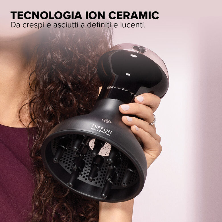Bellissima Imetec Diffon Ion Ceramic, Diffusore ad Aria Calda per Capelli Ricci, Tecnologia Ion Ceramic, Doppio voltaggio, 700 W, 2 Combinazioni Aria/Temperatura, Asciugatura Delicata Senza