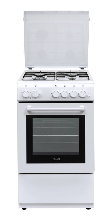DE LONGHI Cucina Elettrica DL554EW i 4 Fuochi a Gas Forno Elettrico Multifunzione Termoventilato Classe A Dimensioni 50 x 50 cm Colore Bianco CLASSE A