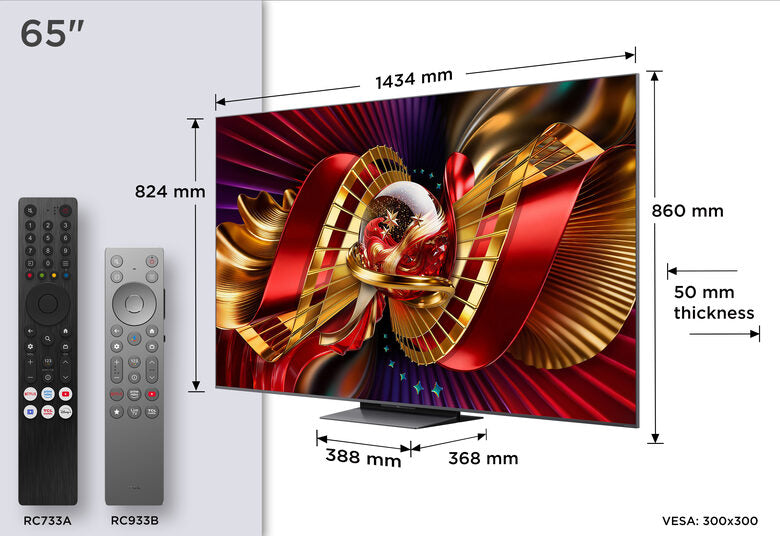 TCL C8L TV 65C8L SQD Mini LED da 65", 4K HDR, 5000 nit, 2.040 zone di dimming, Google TV, 144Hz, Dolby Vision & Atmos, Audio Bang & Olufsen