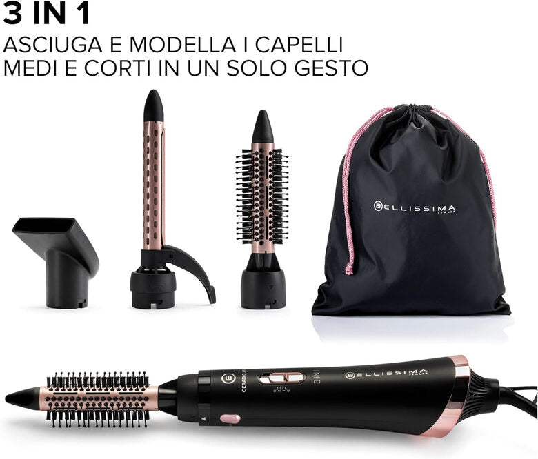 Bellissima Imetec Ceramic Air, Modellatore aria calda 3 in 1, per capelli corti e medi, 800 W, modella e asciuga, rivestimento ceramico, 2 combinazioni aria/temperatura, colpo aria fredda, c