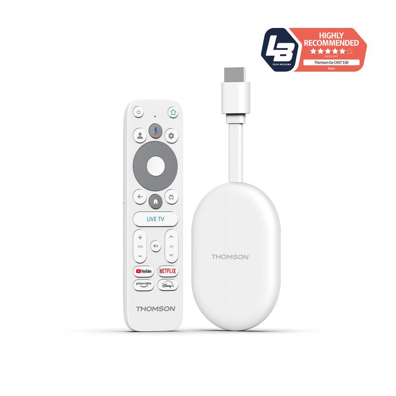 THOMSON Google TV Go Cast 150, Dongle per streaming 4K UHD, Dolby Atmos, Dolby Digital+, Controllo vocale, Googlecast, SDRAM 2 GB, Flash 8 GB, Adattatore di alimentazione multipresa
