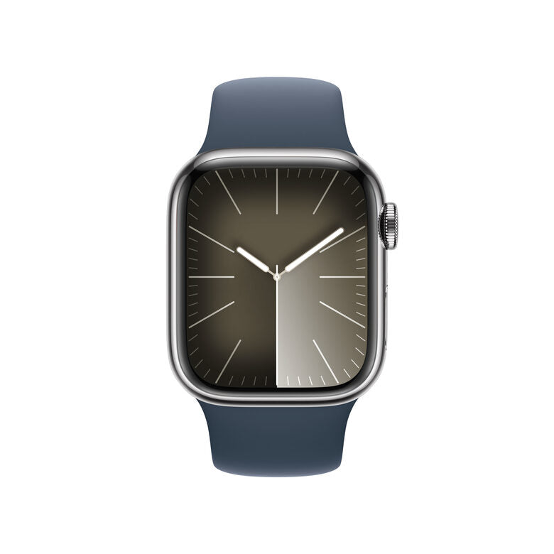 Apple Watch Series 9 GPS + Cellular Cassa 41mm in Acciaio inossidabile con Cinturino Sport Blu Tempesta - M/L