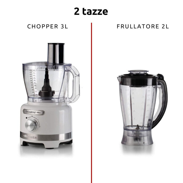 Ariete 1782 Gourmet Pro Moderna, Robot da cucina, Tritatutto 3L, Frullatore 2L, 2 velocità + Pulse, Set di lame + Disco in acciaio inox, Accessorio spremiagrumi, Bianco