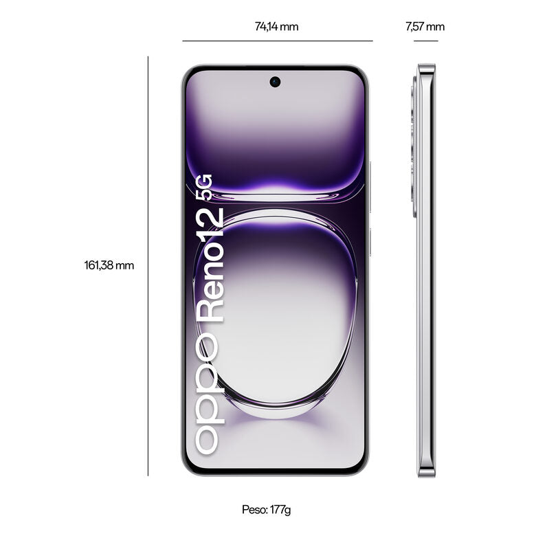 OPPO Reno12 5G AI Smartphone, Tripla fotocamera 50+8+2MP, Selfie 32MP, Display 6.7” 120HZ AMOLED FHD+, 5000mAh, RAM 12GB(Esp4GB/8GB/12GB)+ROM 256GB, [Versione Italia], Astro Silver