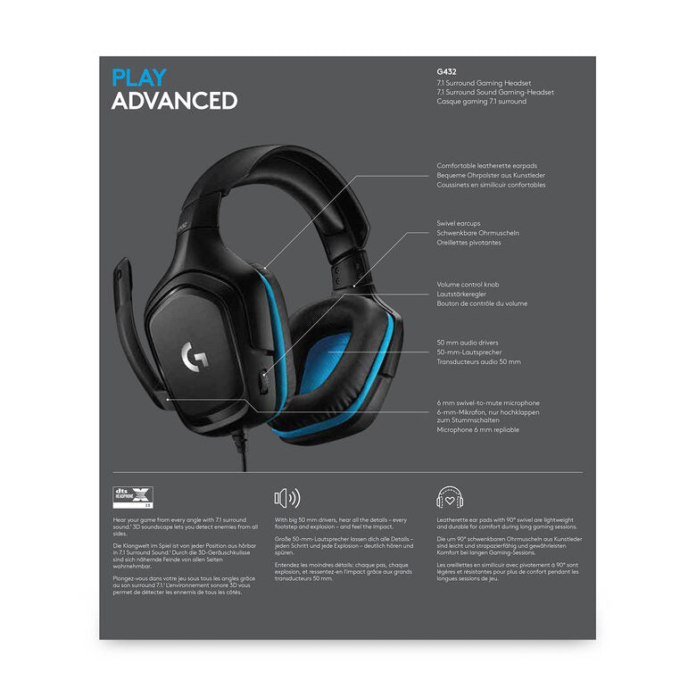 Logitech G G432 Gaming Headset Auricolare Cablato A Padiglione Giocare Nero, Blu