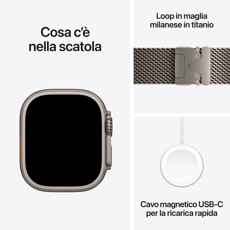 Apple Watch Ultra 4 GPS + Cellular, Cassa 49 mm in titanio naturale con Loop in maglia milanese in titanio naturale - M