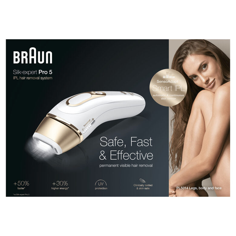 Braun Silk-expert Pro 5 PL5014 Epilatore Luce Pulsata, Bianco/Oro, Corpo E Viso Con Rasoio Venus Smooth E Custodia Esclusiva
