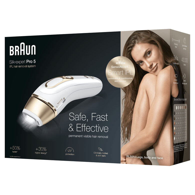 Braun Silk-expert Pro 5 PL5014 Epilatore Luce Pulsata, Bianco/Oro, Corpo E Viso Con Rasoio Venus Smooth E Custodia Esclusiva