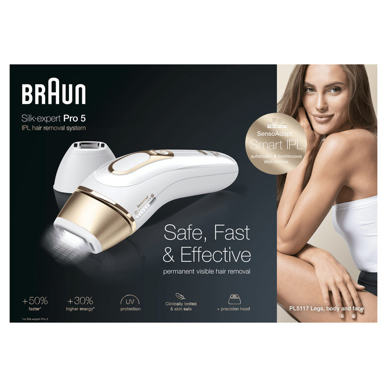 Braun Silk-expert Pro 5 PL5117 Epilatore Luce Pulsata Di Ultima Generazione, IPL, Epilazione Definitiva, Bianco E Oro