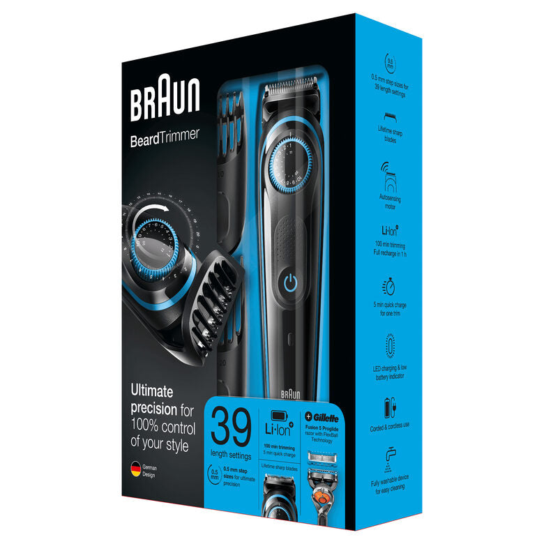 Braun Regolabarba BT5040, Rasoio Barba Elettrico Uomo E Tagliacapelli – Nero/Blu