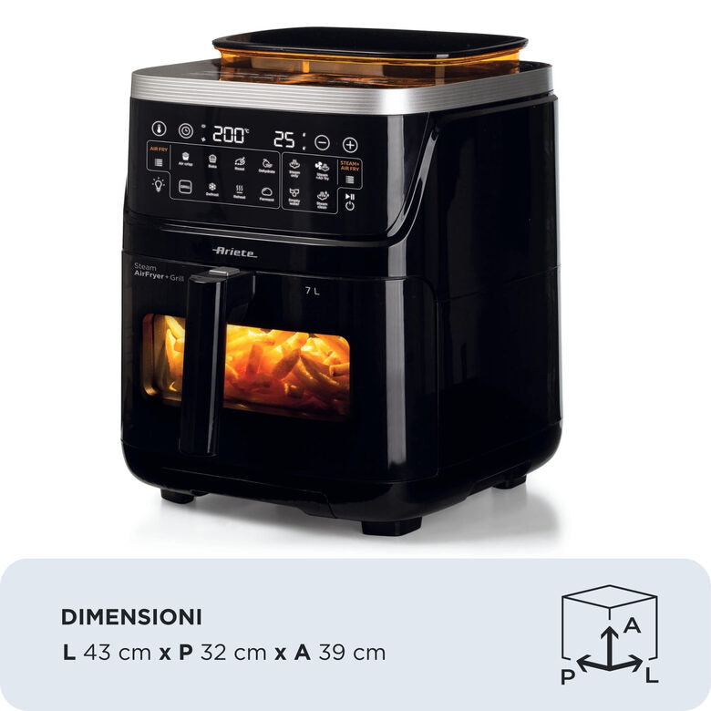 Ariete 4636 Friggitrice ad aria con funzione vapore+ Grill, 1700W, Funzione essiccazione, 10 funzioni di cottura, Cestello trasparente, Timer, Luce interna, Nero