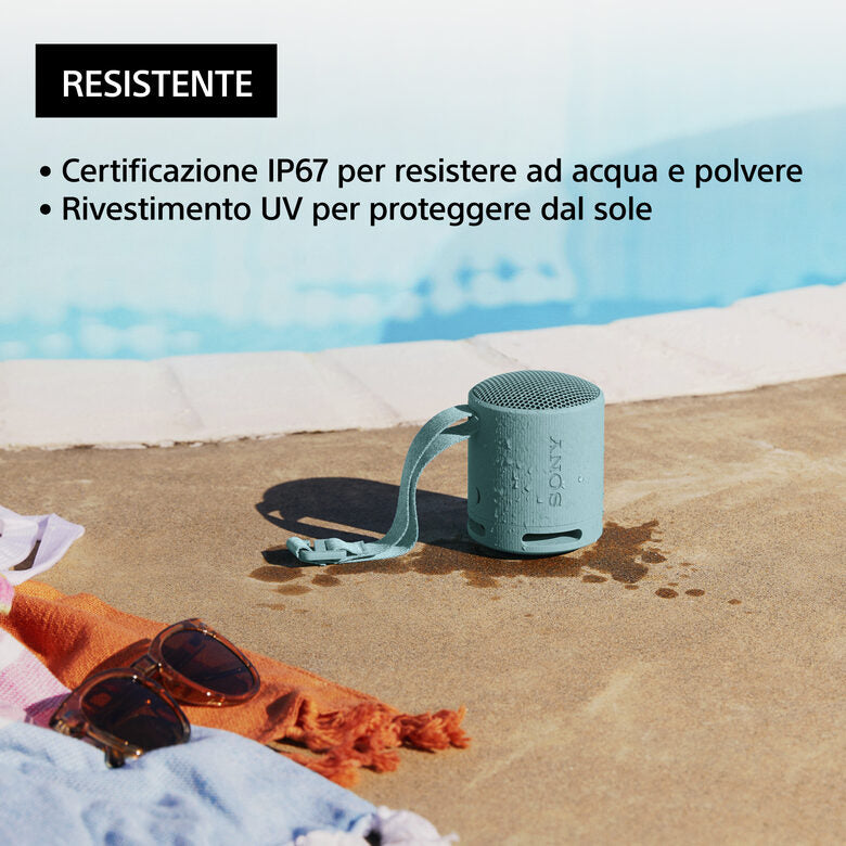 Sony SRS-XB100 - Speaker Wireless Bluetooth, portatile, leggero, compatto, da esterno, da viaggio, resistente IP67 impermeabile e antipolvere, batteria da 16 ore, cinturino versatile, chiama