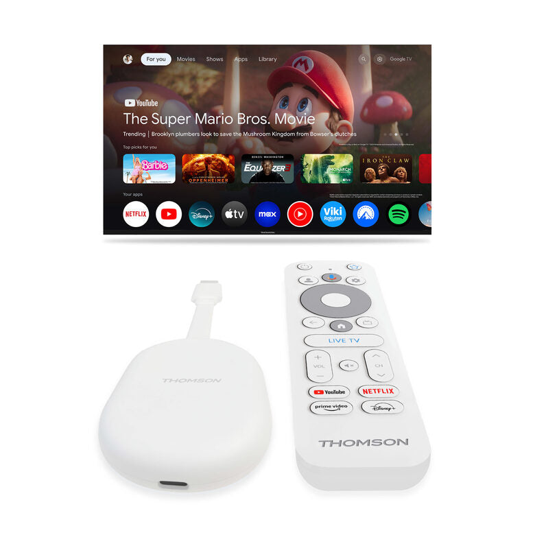 THOMSON Google TV Go Cast 150, Dongle per streaming 4K UHD, Dolby Atmos, Dolby Digital+, Controllo vocale, Googlecast, SDRAM 2 GB, Flash 8 GB, Adattatore di alimentazione multipresa