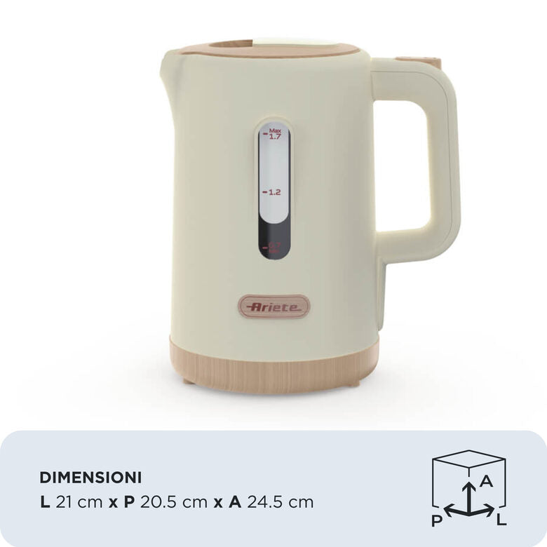 Ariete 2846 Bollitore Breakfast Wood, Bollitore Elettrico Cucina, 2200W, Capacità 1.7L, Effetto Legno, Base Cordless 360°, Spegnimento Automatico, Beige