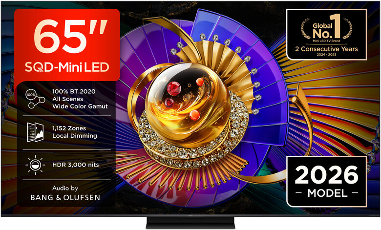 TCL C7L TV 65C7L SQD‑Mini LED da 65", 4K HDR, 3000 nit, 1.152 zone di dimming, Google TV, 144Hz, Dolby Vision & Atmos, Audio Bang & Olufsen