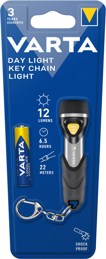 Varta Day Light Key Chain LED Flashlight (incl. anello portachiavi e 1x batteria AAA Longlife Power, antiurto) argento/nero per la casa, tutti i giorni, interruzioni di corrente