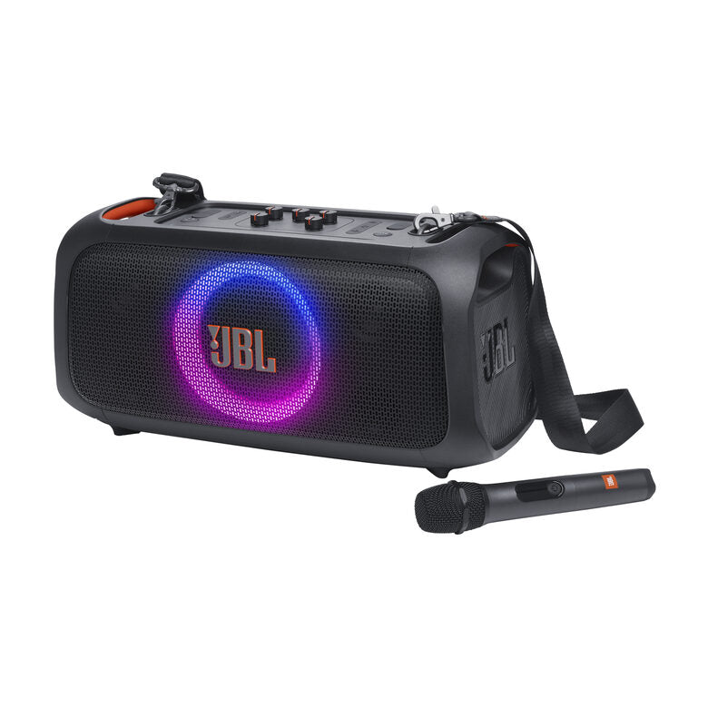 JBL PartyBox On-the-Go Essential Speaker Portatile Wireless per Feste, con Luci Integrate e Bassi Profondi, Protezione Splashproof IPX4, Microfono Wireless, Tracolla per Trasporto, Nero