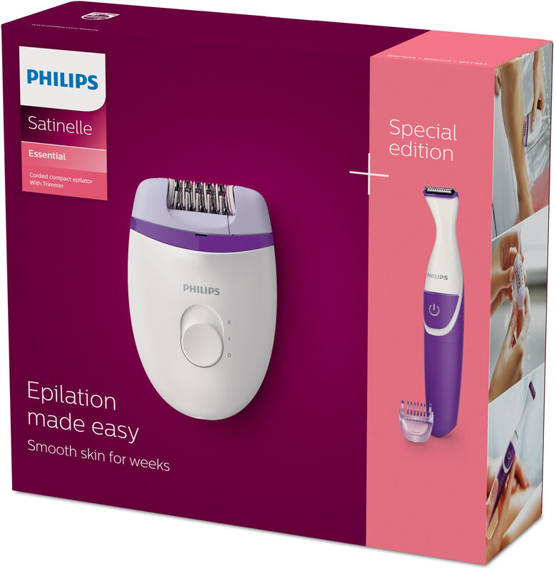 Philips Satinelle Essential Epilatore con filo compatto con rifinitore per la zona bikini.