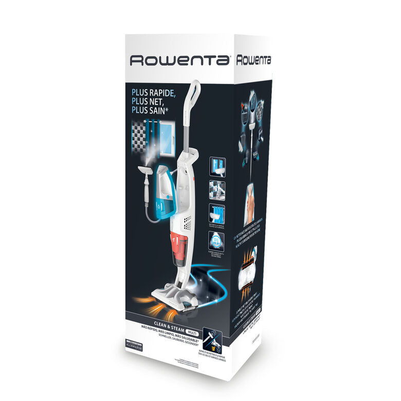 Rowenta RY8534 Clean & Steam Multi Scopa Lavapavimenti, Aspira e Igienizza Contemporaneamente tutte le superfici, Elimina Germi e Batteri, Serbatoio Portatile Amovibile, Senza Sacco, Bianca