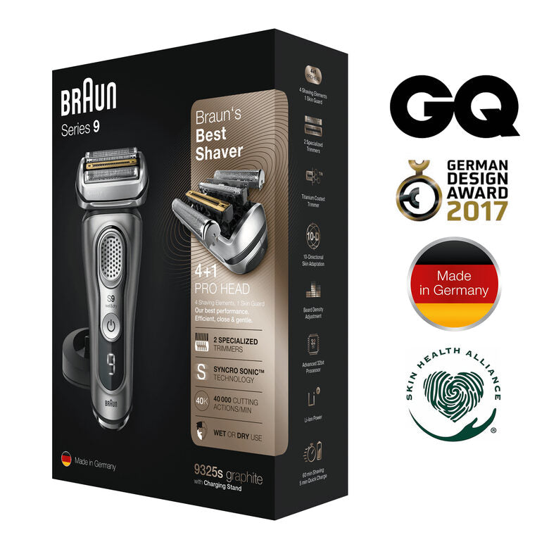 Braun Series 9 9325s Rasoio Barba Elettrico Di Ultima Generazione, Base Di Ricarica, Custodia In Tessuto, Grafite