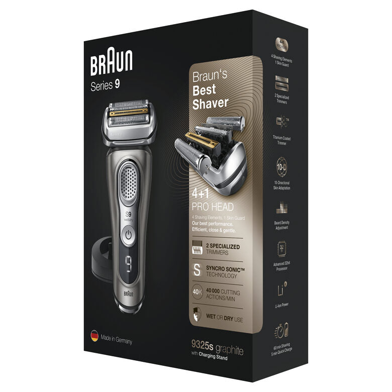 Braun Series 9 9325s Rasoio Barba Elettrico Di Ultima Generazione, Base Di Ricarica, Custodia In Tessuto, Grafite