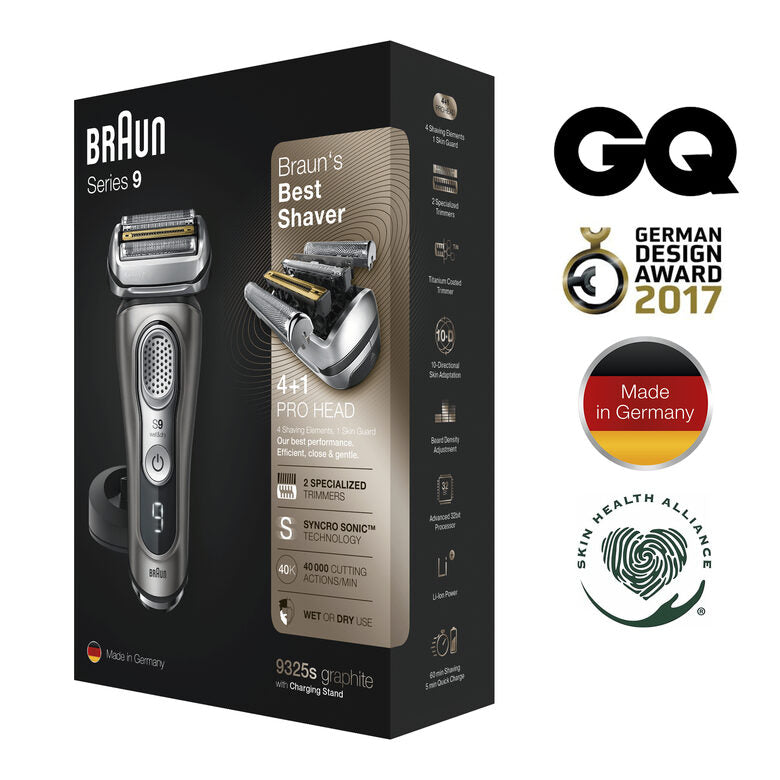 Braun Series 9 9325s Rasoio Barba Elettrico Di Ultima Generazione, Base Di Ricarica, Custodia In Tessuto, Grafite