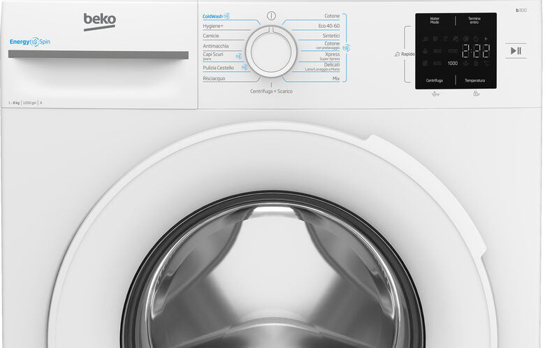 Beko BMWRU3821W B300 Lavatrice A Libera Installazione 8 Kg, Tecnologia EnergySpin™, 1200 Giri, Classe A, Motore Inverter, Display Touch, Bianco
