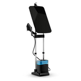 Rowenta Ixeo Power QR2021, Caldaia ad alta pressione, Asse da stiro integrata a 3 posizioni, Igienizza, Vapore verticale per indumento 1,1 L Nero, Blu 2170 W