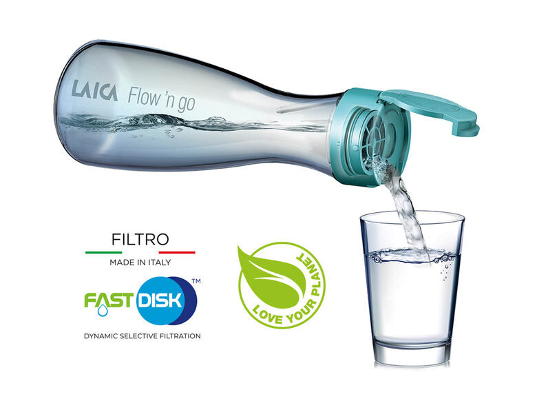 Laica Flow n'go Bottiglia per filtrare l'acqua, 4 filtri inclusi per 4 mesi di acqua filtrata