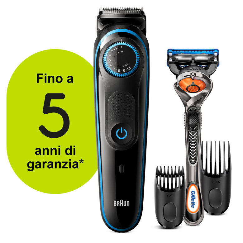 Braun BT5240 Regolabarba Uomo, Rifinitore E Tagliacapelli Con 39 Impostazioni Di Lunghezza, Progettato Per Durare Il Doppio*, Nero/Blu