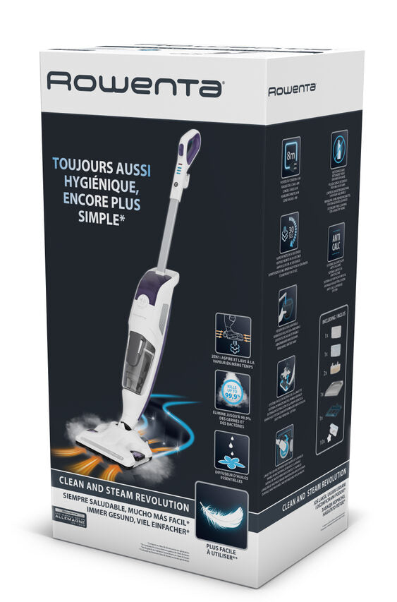 Rowenta RY7731 Clean & Steam Revolution, Scopa Lavapavimenti a Vapore, Aspira e Igienizza Contemporaneamente, Elimina Germi e Batteri, Pronta in 30 Sec, Senza Sacco, Bianco, 1500 W