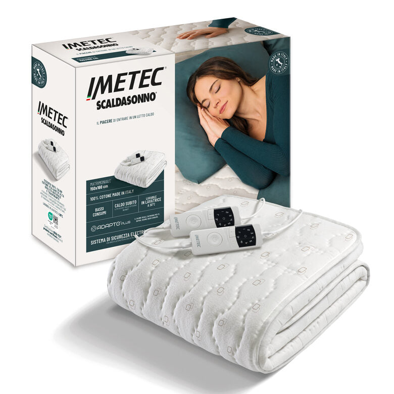 Imetec Scaldasonno Adapto Plus 100% Cotone, Matrimoniale 160x150 cm, Caldo Subito, Tecnologia Brevettata Adapto Plus, Sistema Sicurezza ElectroBlock, Bassi consumi, 6 Temperature, Autospegnimento 1, 3, 9 ore, Made in Italy