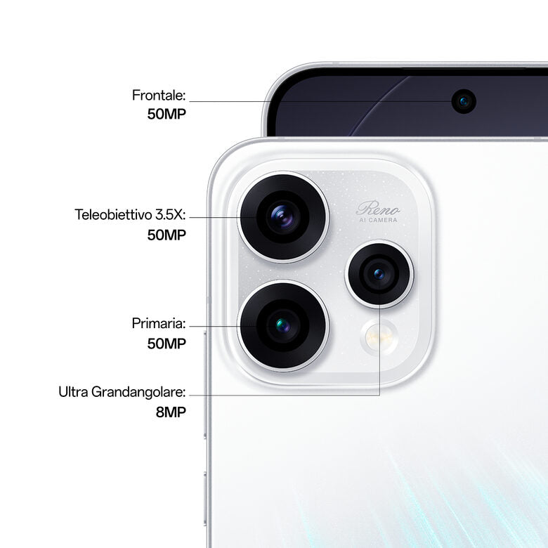 OPPO Reno15 5G AI Smartphone, Tripla fotocamera 50+50+8MP, Selfie 50MP, Display 6.59” 120HZ AMOLED FHD+, 6500mAh, RAM 8GB(Esp2GB/4GB/8GB)+ROM 512GB [Versione Italia], Aurora White