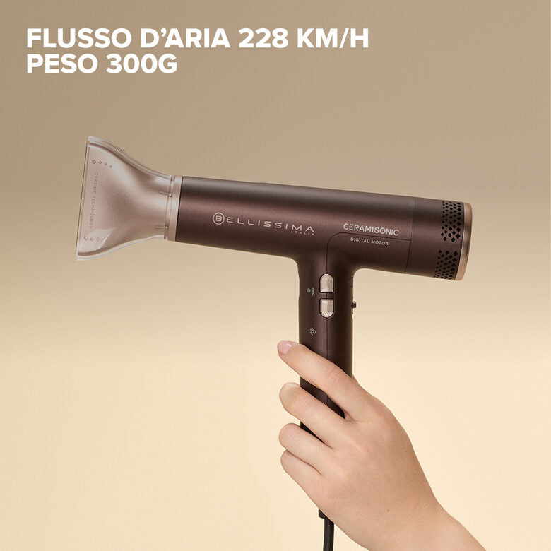 Bellissima Ceramisonic Asciugacapelli, Motore Digitale ad alta velocità, ultraleggero, con tecnologia Tecnologia Ion Ceramic Hi-Pro, ioni, 3 velocità, 3 temperature, Impostazione Gentle Dry,