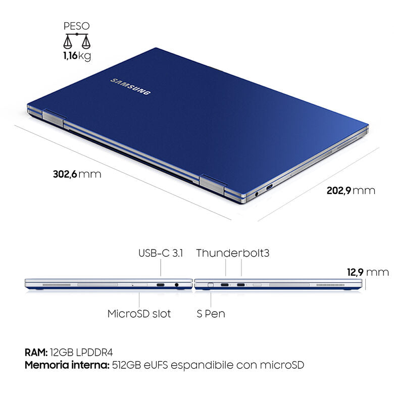 Samsung Galaxy Book Flex 13,3” Royal Blue Touch Screen S Pen Intel® Core™ i5 di decima generazione Windows 10 Home Wi-Fi 6 RAM 12GB Memoria 512GB Batteria 69,7Wh Lettore impronte digitali