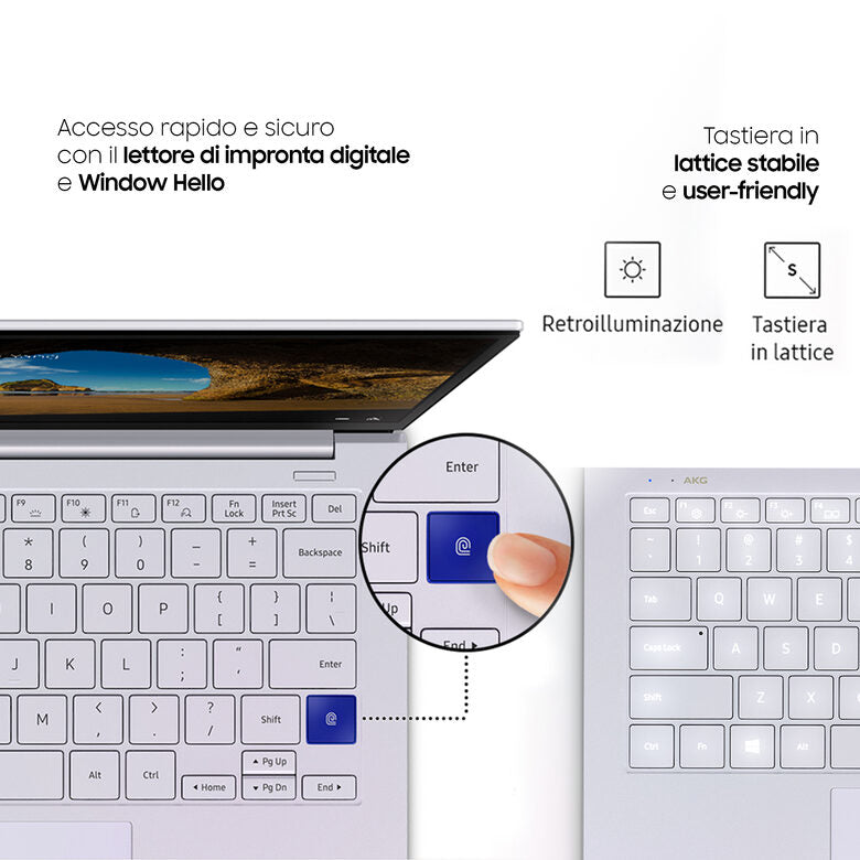Samsung Galaxy Book Ion 13,3” Aura Silver Intel® Core™ i5 di decima generazione Windows 10 Home Wi-Fi 6 RAM 8GB Memoria 256GB Batteria 69,7Wh Lettore impronte digitali