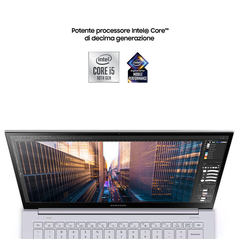 Samsung Galaxy Book Ion 13,3” Aura Silver Intel® Core™ i5 di decima generazione Windows 10 Home Wi-Fi 6 RAM 8GB Memoria 256GB Batteria 69,7Wh Lettore impronte digitali