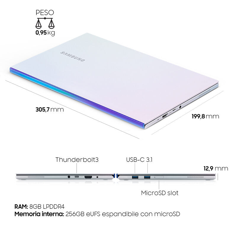Samsung Galaxy Book Ion 13,3” Aura Silver Intel® Core™ i5 di decima generazione Windows 10 Home Wi-Fi 6 RAM 8GB Memoria 256GB Batteria 69,7Wh Lettore impronte digitali