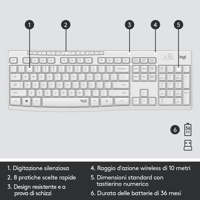 Logitech MK295 Kit Mouse e Tastiera Wireless – Tecnologia SilentTouch, Tastierino Numerico, Tasti Scelta Rapida, Tracciamento Ottico Avanzato, Ricevitore USB Nano, Senza Lag, Meno 90% di Rum