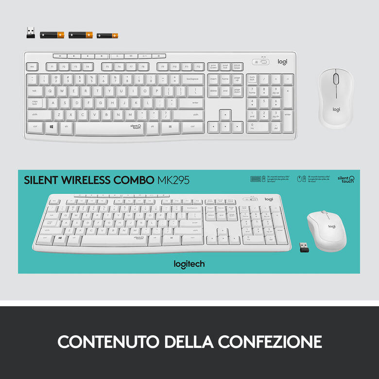 Logitech MK295 Kit Mouse e Tastiera Wireless – Tecnologia SilentTouch, Tastierino Numerico, Tasti Scelta Rapida, Tracciamento Ottico Avanzato, Ricevitore USB Nano, Senza Lag, Meno 90% di Rum